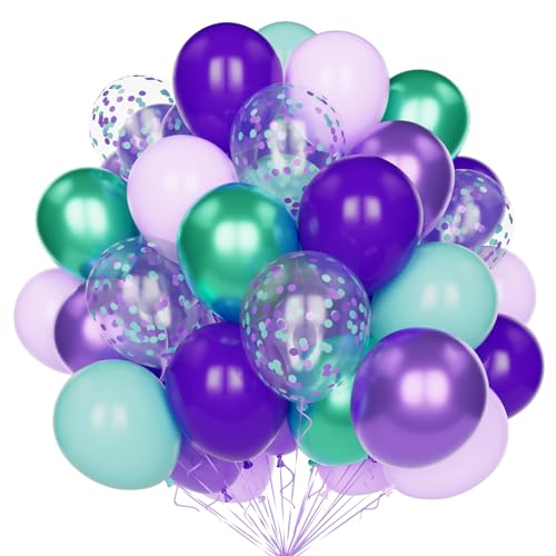 Meerjungfrau Party Luftballons, 60 Stück Lila Blaue Luftballons 12 Zoll Violett Metallic Lila Blaugrün Türkisblau Latex Ballons mit Konfetti Ballons für Mädchen Meerjungfrauen Motto Geburtstag Deko von Yoyoin