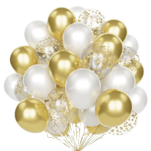 Weiß Gold Luftballons, 60 Stück 12 Zoll Weiß Metallic Gold Ballons Set mit Gold Konfetti Helium Latex Ballons für Geburtstag Hochzeit Baby Shower Jubiläumsfeier Dekorationen von Yoyoin