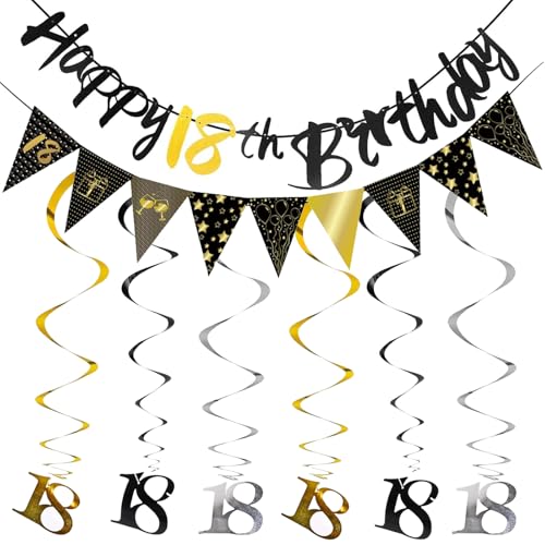 18 Geburtstag Deko Set, Geburtstag Deko Banner Luftschlangen, Schwarz Silber Gold Partydekoration, Banner, Luftschlangen, Wimpelkette mit Zahl 18 für Jungen und Mädchen 18 Geburtstag Deko Set, Geburtstag Deko Banner Luftschlangen, Schwarz Silber Gold Partydekoration, Banner, Luftschlangen, Wimpelkette mit Zahl 18 für Jungen und Mädchen von Yphzmtz