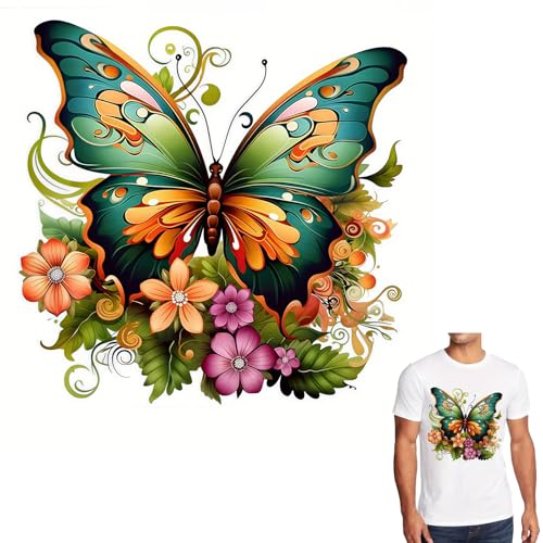 2 Stück Frühlingsgrüne Blumen- und Blatt-Schmetterling-Aufbügelbilder für T-Shirts, Reiben auf Transfers, Aufkleber, Vinyl, bereit zum Drücken, Aufkleber zum Aufbügeln für T-Shirts, Kleidung, von Yqtwlkjic