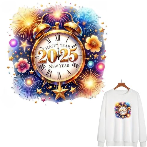 2025 New Year Fun Clock Flower Leaf Iron On Transfers for T-Shirts Rub on Transfers Stickers Vinyl Ready to Press Stickers Iron on Decals for T-Shirts Clothing Hoodie DIY Crafts von Yqtwlkjic