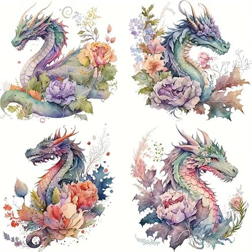 4 Stück Blume Blatt Drache Blume Hitze Bügelbilder für T-Shirts Reiben auf Transfers Aufkleber Vinyl Fertig zum Drücken Aufkleber zum Aufbügeln für T-Shirts Kleidung Hoodie DIY Handwerk von Yqtwlkjic