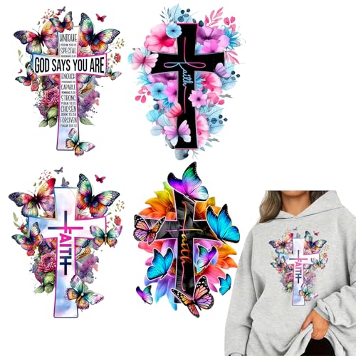 4 Stück Christian Faith Schmetterling Blume Bügelbilder für T-Shirts Reiben auf Transfers Aufkleber Vinyl Fertig zum Drücken Aufkleber zum Aufbügeln für T-Shirts Kleidung Hoodie DIY Handwerk von Yqtwlkjic