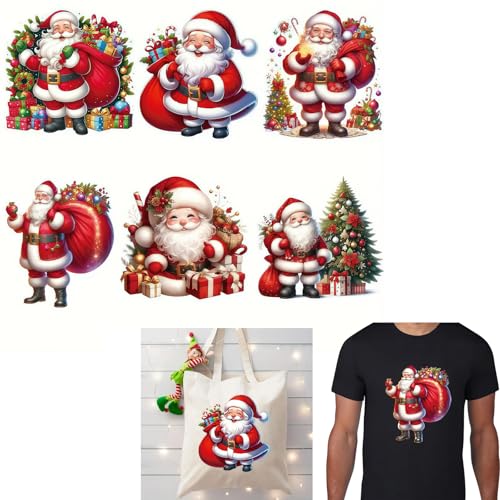 6 Stück Weihnachtsbaum-Geschenk-Box, Weihnachtsmann, Bügelbilder für T-Shirts, Reiben auf Transfers, Aufkleber, Vinyl, bereit zum Drücken, Aufkleber zum Aufbügeln, für T-Shirts, Kleidung, Hoodie, DIY von Yqtwlkjic