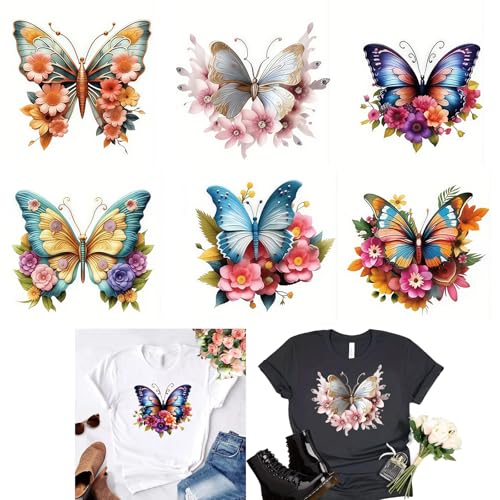 6 schöne Schmetterlings-/Blumen-Blätter-Bügelbilder für T-Shirts, Reiben auf Transfers, Aufkleber, Vinyl, bereit zum Drücken, Aufkleber zum Aufbügeln für T-Shirts, Kleidung, Hoodie, DIY Handwerk von Yqtwlkjic