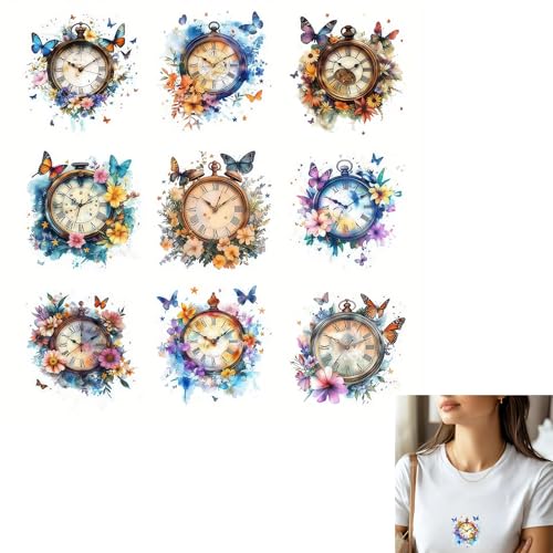 9 Stück Blumen Leben Uhr Schmetterling Blume Blatt Bügelbilder für T-Shirts Reiben auf Transfers Aufkleber Vinyl Fertig zum Drücken Aufkleber zum Aufbügeln für T-Shirts Kleidung Hoodie DIY Handwerk von Yqtwlkjic