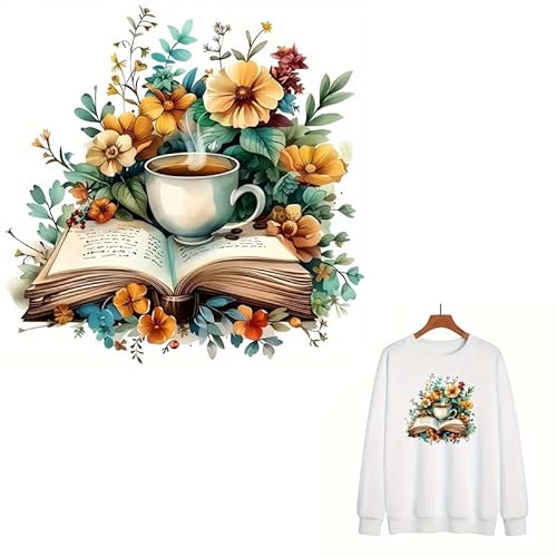 Buch Kaffee Blume Blatt Bügelbilder für T-Shirts Reiben auf Transfers Aufkleber Vinyl Fertig zum Drücken Aufkleber Aufbügeln Aufkleber für T-Shirts Kleidung Hoodie DIY Handwerk von Yqtwlkjic