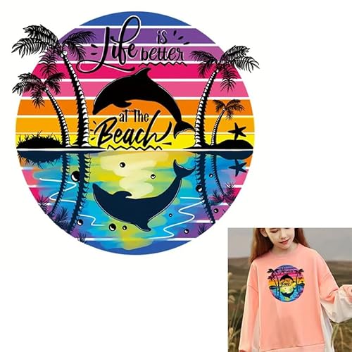 Dreamy Dolphin Sunset Beach Bügelbilder für T-Shirts Reiben auf Transfers Aufkleber Vinyl bereit zum Drücken Aufkleber zum Aufbügeln für T-Shirts Kleidung Hoodie DIY Handwerk von Yqtwlkjic