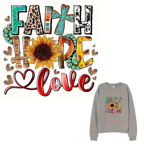 Faith Hope Love Sonnenblume Leopard Bügelbilder für T-Shirts Reiben auf Transfers Aufkleber Vinyl Fertig zum Drücken Aufkleber zum Aufbügeln für T-Shirts Kleidung Hoodie DIY Handwerk von Yqtwlkjic