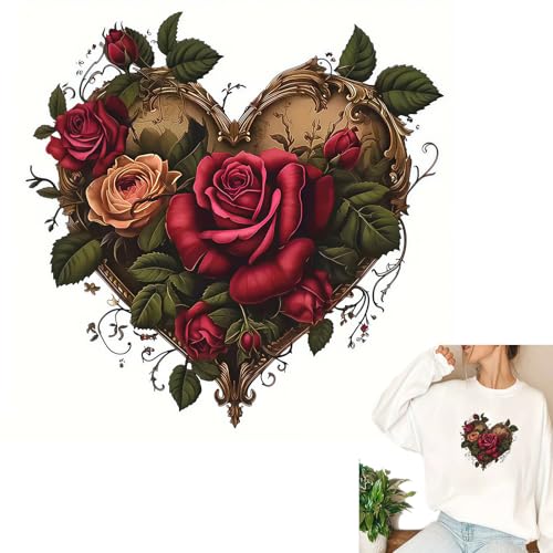 Valentinstag Vintage Rose Herz Blume Blatt Bügelbilder für T-Shirts Reiben auf Transfers Aufkleber Vinyl Fertig zum Drücken Aufkleber Aufbügeln Aufkleber für T-Shirts Kleidung Hoodie DIY Handwerk von Yqtwlkjic