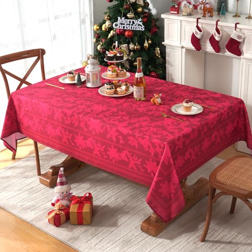 Yrendenge Weihnachten Rot Tischdecke Poinsettia Waschbare Tischdecken Quadratisch Stechpalmenblätter Faltenfrei Tischdecke Weihnachtsstern Tischtuch für Urlaub Küche Party, 140x140cm von Yrendenge