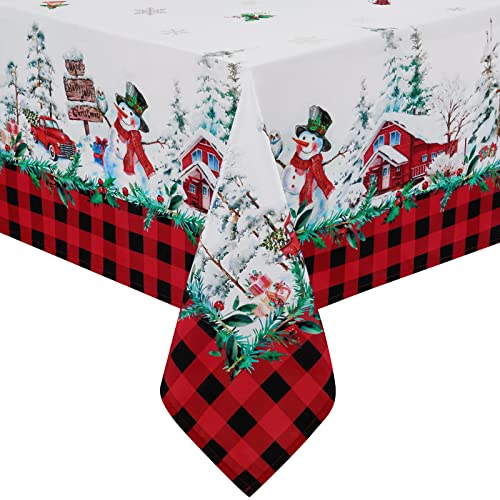 Yrendenge Weihnachten Tischdecke Abwaschbar Tischtuch aus Polyester, Lotuseffekt Wasserdicht Ölbeständig Fleckschutz Kariert Tischwäsche Pflegeleicht Tischdeko für Esszimmer Party 130x220cm Weiß Rot von Yrendenge