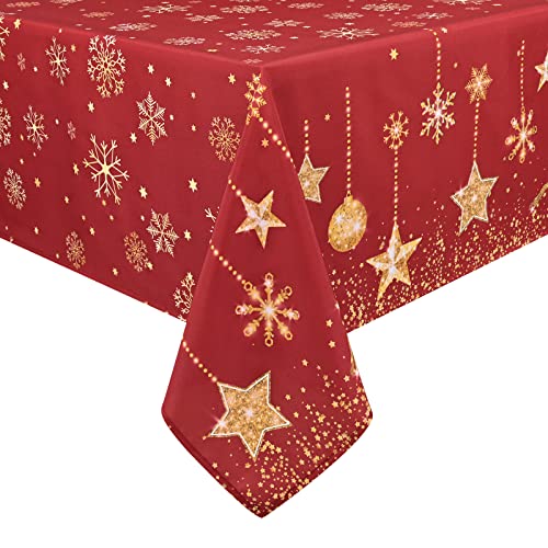 Yrendenge Weihnachts Tischdecke Rot Glänzend Schneeflocke Rentiere Sterne Tischdecke Abwaschbar Outdoor Tischdecke Rechteckig wasserdichte Winter Ferien Weihnachts Dekoration, Gold 130 x 220 cm von Yrendenge