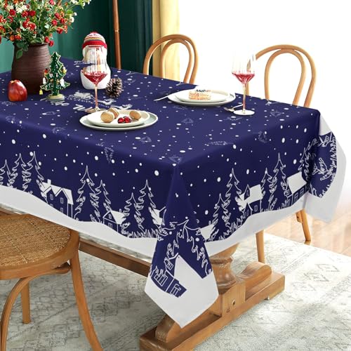 Yrendenge Weihnachtstischdecke Blau Weiß Tischdecke Abwaschbar Outdoor Tischtuch Rechteckig wasserdichte, Cartoon Häuser Baum Elch Tablecloth für Winter Ferien Wohnkultur, 130 x 220 cm von Yrendenge