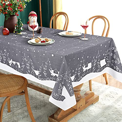 Yrendenge Weihnachtstischdecke Grau Tischdecke Abwaschbar Outdoor Tischtuch Quadratisch wasserdichte, Cartoon Häuser Elch Tablecloth für Winter Ferien Wohnkultur, Weiß 140 x 140 cm von Yrendenge