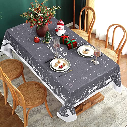 Yrendenge Weihnachtstischdecke Grau Tischdecke Abwaschbar Outdoor Tischtuch Rechteckig wasserdichte, Cartoon Häuser Elch Tablecloth für Winter Ferien Wohnkultur, Weiß 140 x 200 cm von Yrendenge