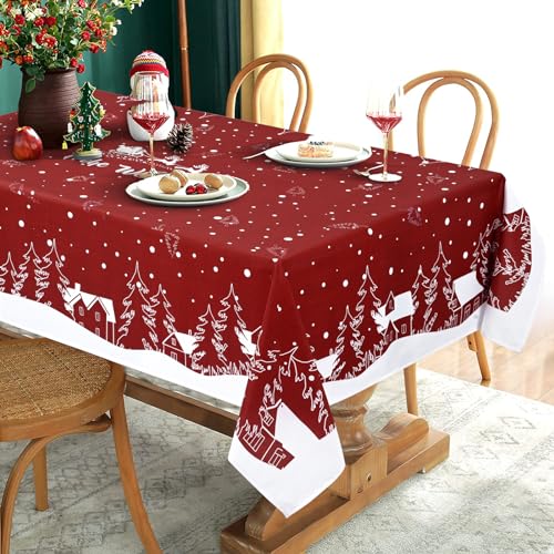 Yrendenge Weihnachtstischdecke Rot Tischdecke Abwaschbar Outdoor Tischtuch Quadratisch wasserdichte, Cartoon Häuser Baum Elch Tablecloth für Winter Ferien Wohnkultur, 140 x 140 cm von Yrendenge