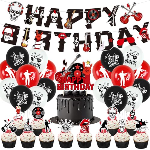 Rock and Roll Geburtstagsparty-Dekoration, inklusive Happy Birthday-Banner, Kuchendekoration, Cupcake-Topper, Luftballons für Rockmusik, Gitarre, Themen-Geburtstagsparty-Zubehör von Yrmysrx