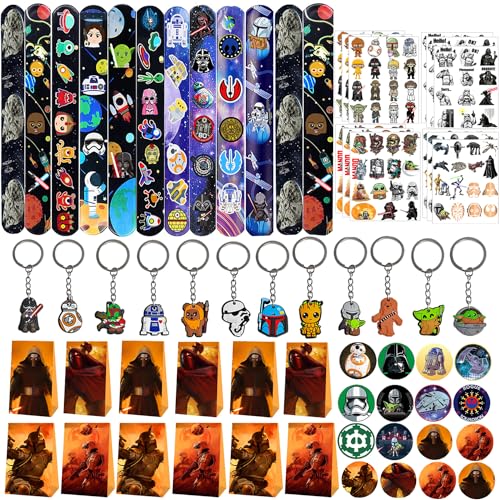 Yrmysrx Galaxy Wars Partygeschenk-Set enthält 12 Papier-Geschenktüten mit Aufklebern, 12 Schlüsselanhänger, 12 Slap-Armbänder, 12 Abzeichen, 12 Blatt temporäre Tattoos für Kinder-Party-Dekorationen von Yrmysrx