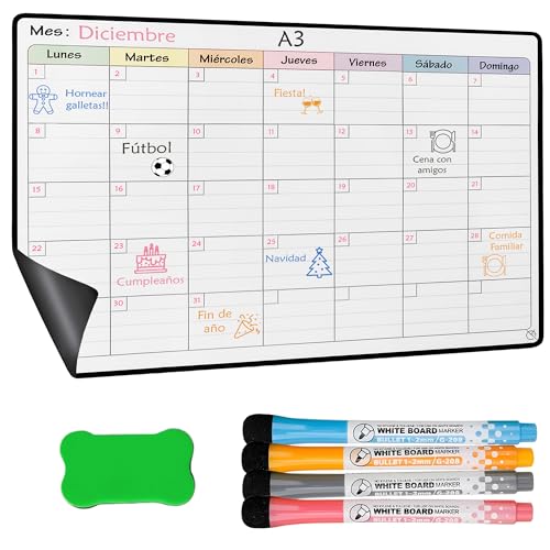 YSANCOR® Magnetischer Kühlschrankkalender, monatlicher oder wöchentlicher Planer + 4 Filzstifte und 1 Radiergummi | Optionen in den Größen A4 und A3 | ideal als Wochenplaner (MESSIAL A3) von Ysancor