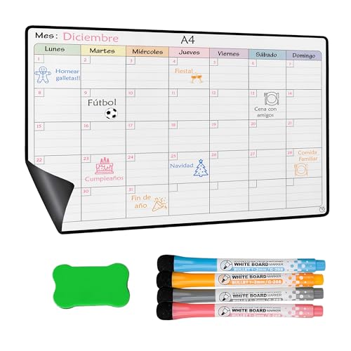 YSANCOR® Magnetischer Kühlschrankkalender, monatlicher oder wöchentlicher Planer + 4 Filzstifte und 1 Radiergummi | Optionen in den Größen A4 und A3 | ideal als Wochenplaner (MESSIAL A4) von Ysancor