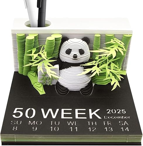 Panda Kalender 2025, 3D-Kalender 2025, 3D Kunst Haftnotizen Abreißen mit Stifthalter, Wochenkalender Panda Memo Pad 3D Notizblock Papier Stift Schnitzen für Dekoration von Ysislybin