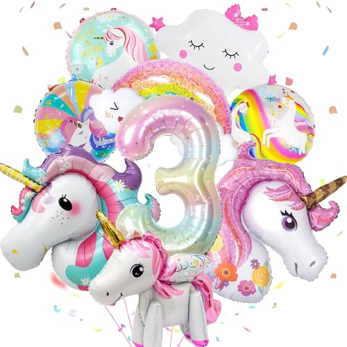 Yskmefun Einhorn Geburtstagsdeko, 3D Stereo Einhorn Luftballon, Einhorn Luftballons 3 Jahre, Geburtstagsdeko Einhorn 3 Jahre Mädchen, Rainbow Cloud Balloons für Geburtstags Dekoration von Yskmefun