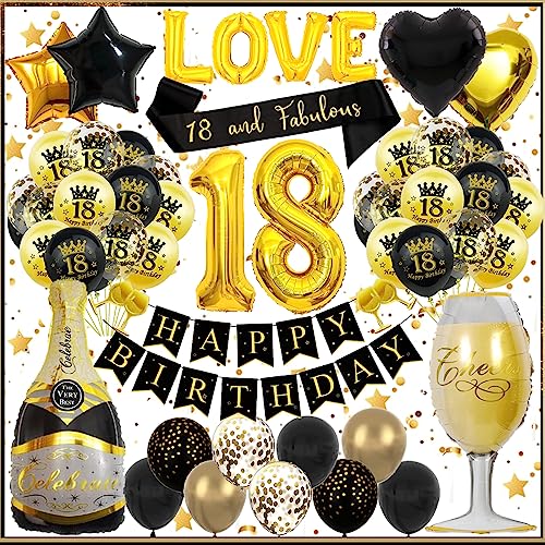 Yskmefun Deko 18 Geburtstag Schwarz Gold, Geko Geburtstag Mann 18, Happy Birthday Banner, Geburtstag Mann Frauen Party Deko, Alles Gute Zum Geburtstag Party Dekoration von Yskmefun