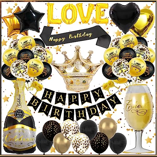 Yskmefun Deko Geburtstag Mann, Geburtstag Frauen Deko, Schwarz Gold Deko Geburtstag, Weinflaschen und Weinglas Ballon Dekoration, Partydekorationen für Männer und Frauen von Yskmefun