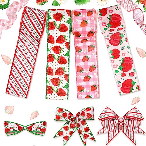 20 Yards Strawberry Wired Ribbon, 4 Rolls 6.3 Inch Colorful Strawberry Ribbon Red Pink Green Strawberry Fabric Ribbons for Summer DIY Craft Wreath Floral Gift Box Wrapping, 4 Styles von Ysleen