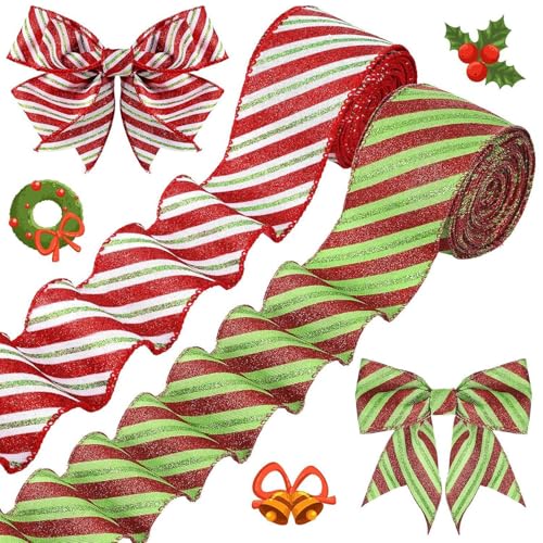 Glitter Wired Christmas Grosgrain Ribbon, Christmas Grosgrain Striped Ribbon, 2 Rolls Glitter Wired Ribbon for Garden Decorations, Versatile Christmas Ribbons for, Walls, Patios, and Holiday Garlands von Ysvnlmjy