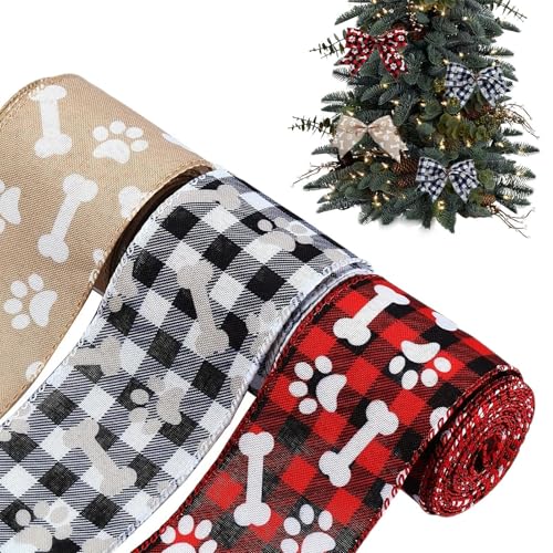 Wired Edge Dog Paw Print Ribbon - 3 Rolls Decorative Polyester Wrapping Ribbon - Ideal for Creating Wedding Floral Bows and Adding Charm to Pet-Inspired Decorations von Ysvnlmjy