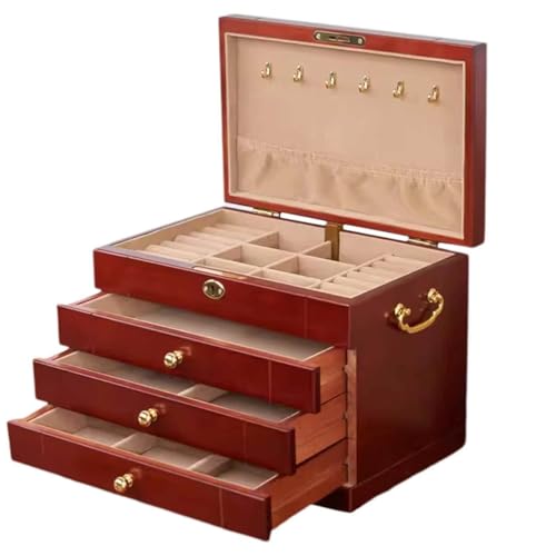 Schmuckkästen , Massive Schmuckschatulle aus Holz, großer, multifunktionaler Aufbewahrungskoffer mit Hängeregal, Fächern, Ablage und 3 Schubladen for Damen, rustikaler Schmuck-Organizer-Box, Präsentat von Yu Ru