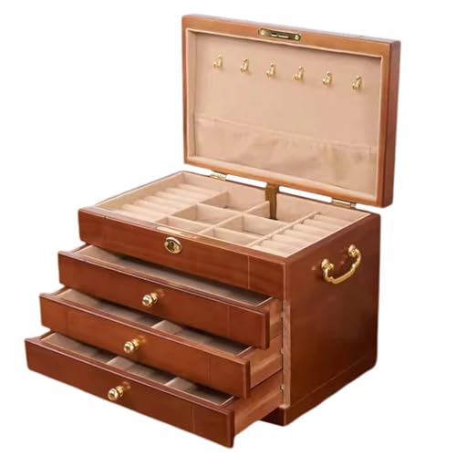 Schmuckkästen , Massive Schmuckschatulle aus Holz, großer, multifunktionaler Aufbewahrungskoffer mit Hängeregal, Fächern, Ablage und 3 Schubladen for Damen, rustikaler Schmuck-Organizer-Box, Präsentat von Yu Ru