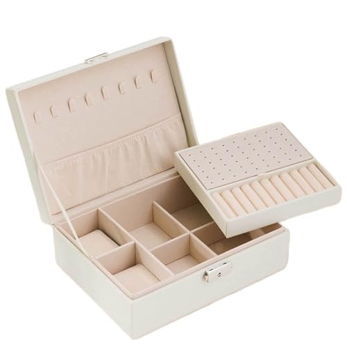 Schmuckkästen , Schmuckschatulle for Damen, 2 Ebenen, großer Schmuck-Organizer, Aufbewahrungskoffer, Schmuckhalter mit herausnehmbarem Tablett for Ohrringe, Halsketten, Ringe, Armbänder, Rosa(Blanc) von Yu Ru