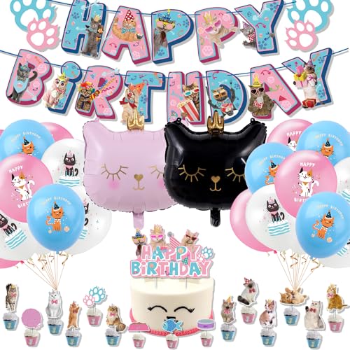 Katzen Geburtstagsdeko Feierzubehör, Ballon Katze, Katzen Geburtstag Deko, Katzen-Geburtstags Party-Zubehör Dekorations Set,Tier Geburtstagsparty Deko für Mädchen, Tier Kindergeburtstag von YuChiSX