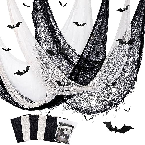 YuSaug Halloween Deko Stoff, 5 Stücke Gruselige Stoff 183 * 76CM mit 12 Fledermaus Aufkleber, Gruseltuch Halloween Party Spukhaus Gruselige Dekoration (3 Schwarz + 2 Weiß) von YuSaug