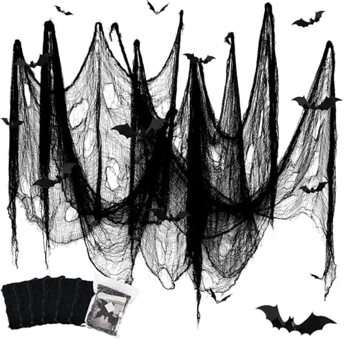 YuSaug Halloween Deko Stoff, 5 Stücke Gruselige Stoff 183 * 76CM mit 12 Fledermaus Aufkleber, Gruseltuch Halloween Party Spukhaus Gruselige Dekoration (6 Schwarz) von YuSaug