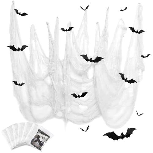 YuSaug Halloween Deko Stoff, 6 Stücke Gruselige Stoff 183 * 76CM mit 12 Fledermaus Aufkleber, Gruseltuch Halloween Party Spukhaus Gruselige Dekoration (6 Weiß) von YuSaug