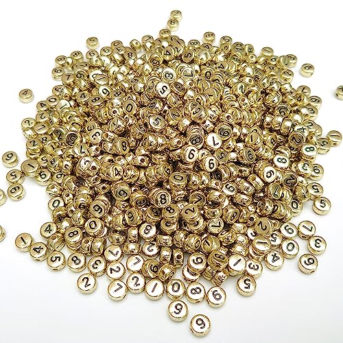 200+ Stück 4 x 7 mm Gold Runde Acryl Zahlen Buchstaben Perlen 0-9 gemischte Kunststoffform lose Perlen für Schmuckherstellung Armbänder Halsketten Schlüsselanhänger (schwarz auf gold) von YuSheng