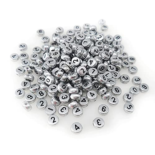 200+ Stück 4 x 7 mm silberfarbene runde Acryl-Zahlen-Buchstaben-Perlen 0-9 gemischte Kunststoffform lose Perlen für Schmuckherstellung Armbänder Halsketten Schlüsselanhänger (schwarz auf silber) von YuSheng