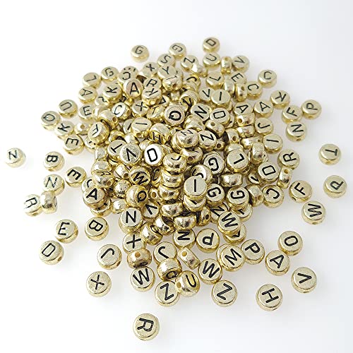 500 Stück 4 x 7 mm goldene runde Acryl-Buchstabenperlen A-Z gemischte Kunststoffform lose DIY-Perlen für Schmuckherstellung Armbänder Halsketten Schlüsselanhänger (schwarz auf gold) von YuSheng