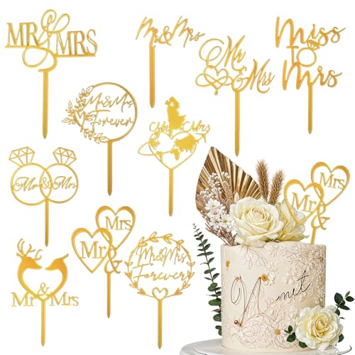 Yuanchu 10 Stück Hochzeit Torten Topper Set,9 Stile Mr and Mrs Cake Topper Acryl Tortendeko Hochzeit Gold Hochzeitstorte Deko Glitter Hochzeit Tortenstecker für Hochzeit Engagement Hochzeitsfeier von Yuanchu