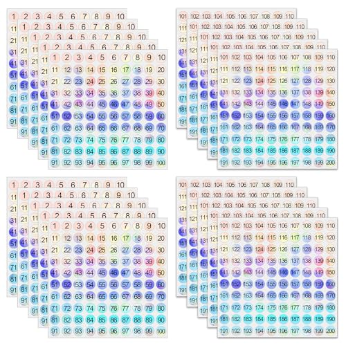 Yuanchu 2000 Pcs Holografische Zahlen Aufkleber, 4 Sets Nummer Aufkleber 1-200 Nummer Sticker Nummern Adventskalender Sticker Zum Beschriften Klebezahlen Büros Schließfächerheim Klassifikation von Yuanchu