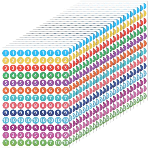 Yuanchu 2808 Stück 0,8 Zoll Kleine Zahlenaufkleber, 24 Blatt Bunte Zahlenaufkleber 1-10 Selbstklebende Runde Nummerierte Aufkleber Etikettenaufkleber Für Lagerinventar Klassifizierungsboxen Im Büro von Yuanchu