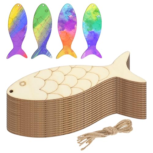 Yuanchu 30 Stück Unfertiges Fischornament aus Holz,mit Hanfseile Blanker Fischschmuck Aus Holz zum Aufhängen Fisch geformt holzfische deko Fischanhänger für DIY Ozean Tier thematische Party von Yuanchu