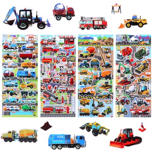 Yuanchu 3D Aufkleber Kinder, 4Pcs Bubble Cars Sticker Auto Traktor Feuerwehr Bagger Sticker Puffy Aufkleber Geschwollen 3D Stickers Set für Belohnungssticker Kindergeburtstag Gastgeschenke Mitgebsel von Yuanchu