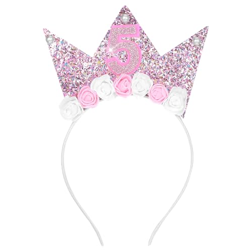 JIEYAO 5 Jahr Geburtstagskrone, Krone Geburtstag 5 Jahre Mädchen Happy Birthday Haarreif mit Glitzer Zahlen Prinzessin Geburtstag Krone Stirnband mit Rose Blumen Party Kopfschmuck für Baby Kinder (B) von Yuanchu