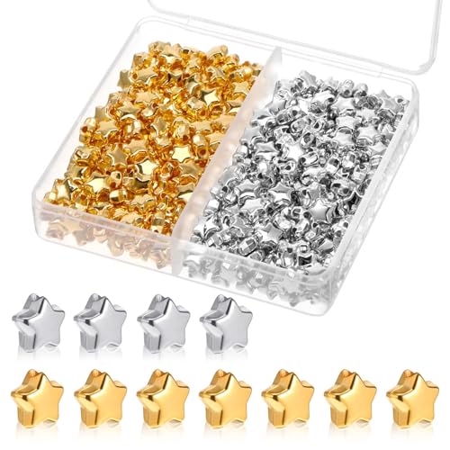 Yuanchu 400 Stück Pentagramm Zwischenperlen, 6mm Stern Perlen Acryl Sternform Perlen für Armbänder Star Abstandsperlen Klein Loch Spacer Perlen für DIY Halskette Ohrring Schmuck Basteln Golden Silber von Yuanchu