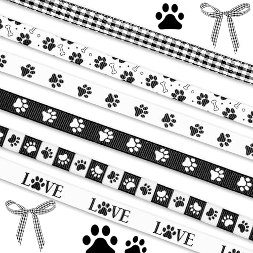 Yuanchu 6 Rollen Hundeband mit Pfotenabdruck, 0,95 cm, schwarz-weiß, Hundepfotenabdruck-Bänder zum Verpacken von Geschenken, 27,7 m, Hundepfotenabdruck, Hundeknochen, Bastelbänder für Bastelarbeiten, von Yuanchu